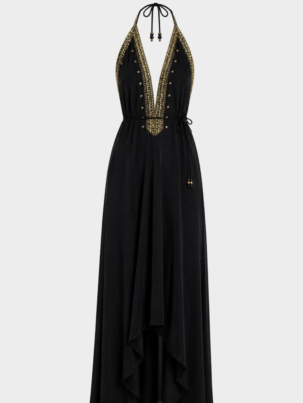 Designer Black Gold Hand Beaded Halter Maxi Dress Open Back Evening Gown Black